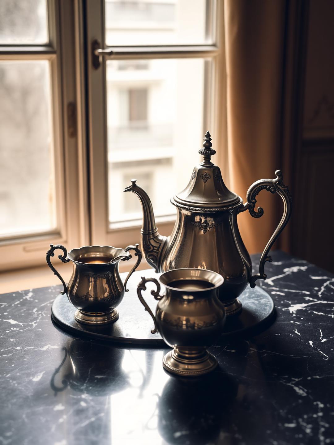 Antique European silver tea set on dark marble